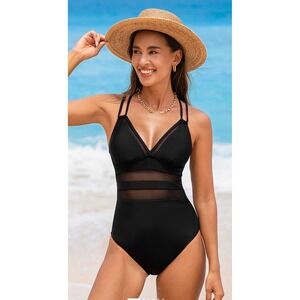 NEW Cupshe Black Cutout Mesh One-Piece Swimsuit Size Medium Beach Resortwear